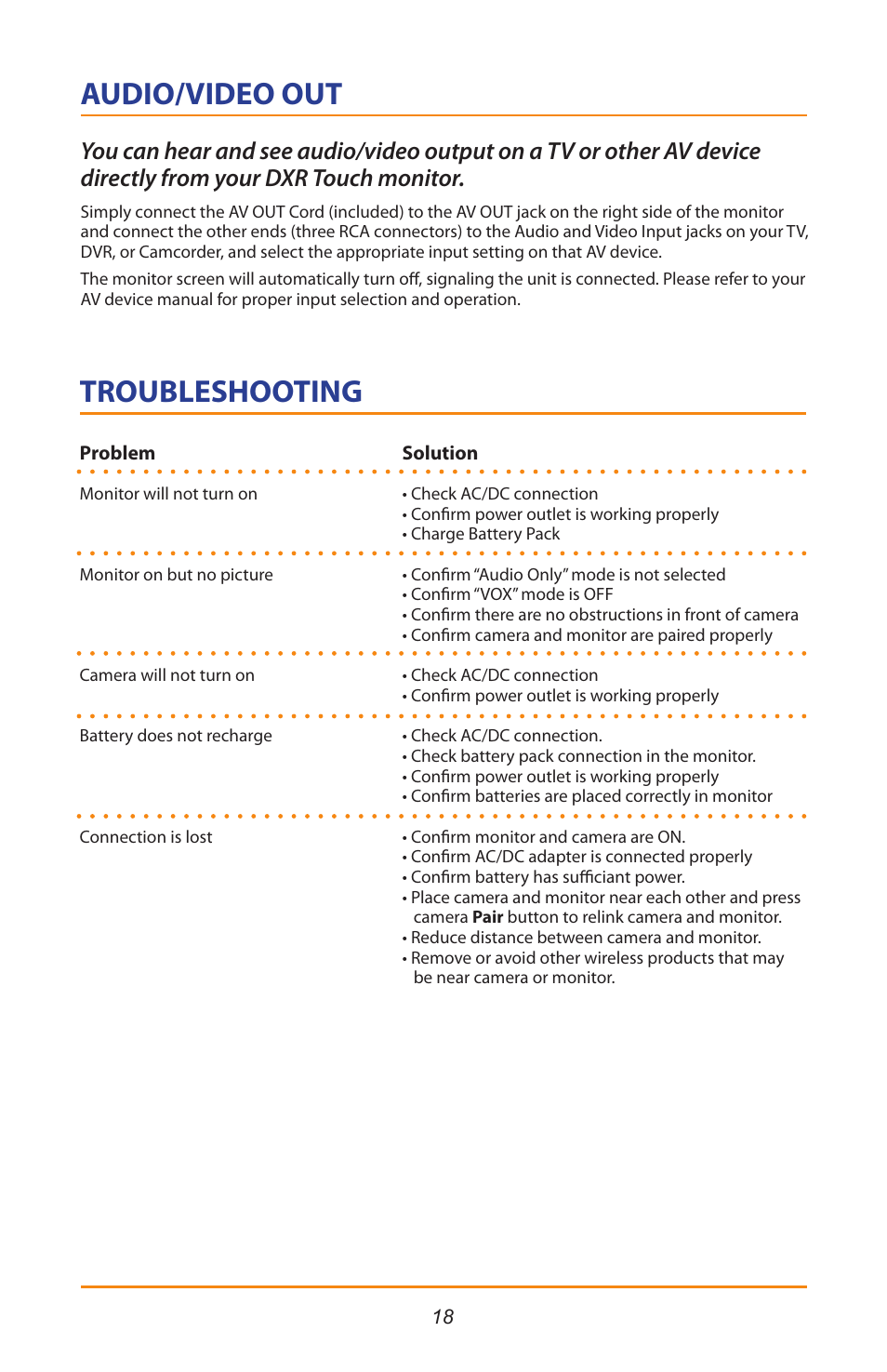 Audio/video out, Troubleshooting | Mobi Technologies 70208 DXR Touch User Manual | Page 20 / 24