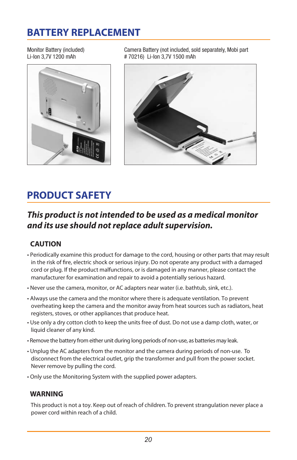 Product safety, Battery replacement | Mobi Technologies 70208 DXR Touch User Manual | Page 22 / 24