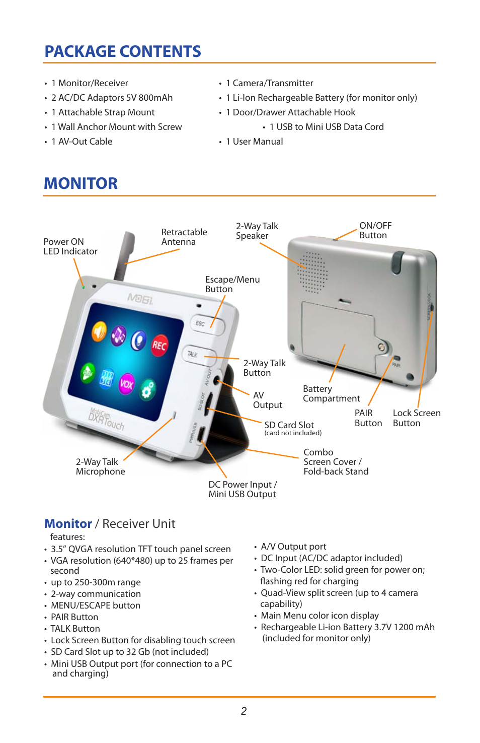 Monitor package contents, Monitor / receiver unit | Mobi Technologies 70208 DXR Touch User Manual | Page 4 / 24