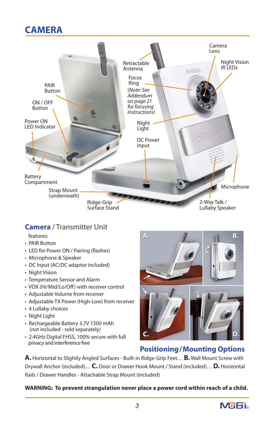 Camera, Positioning/mounting options, Camera / transmitter unit | Mobi Technologies 70208 DXR Touch User Manual | Page 5 / 24