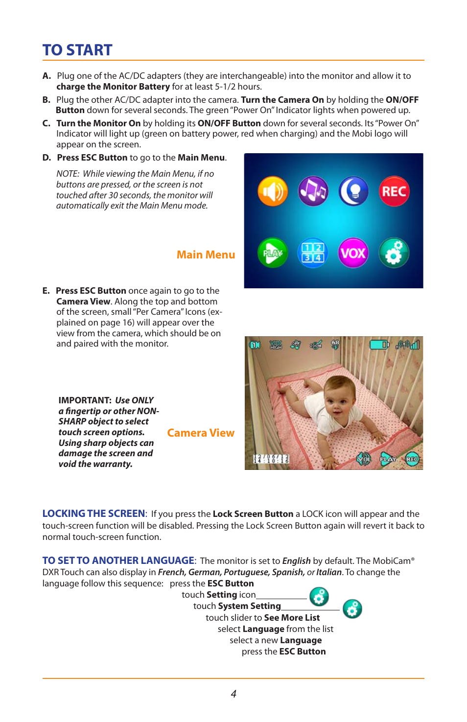 Main menu camera view | Mobi Technologies 70208 DXR Touch User Manual | Page 6 / 24