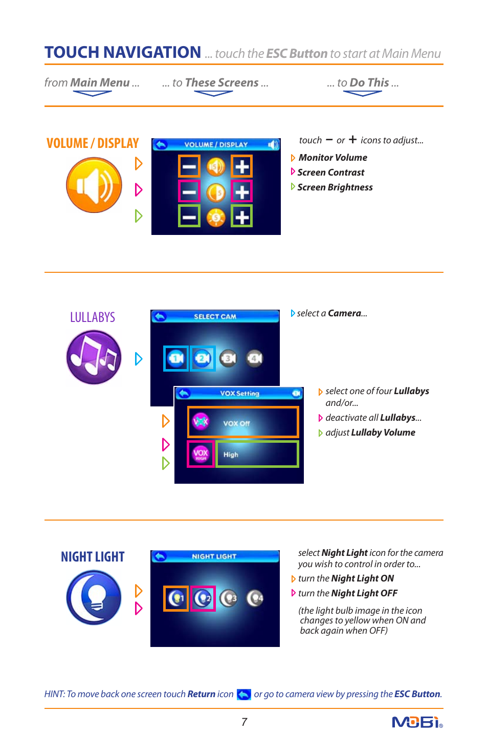 Touch navigation, Volume / display lullabys night light, Touch the esc button to start at main menu | Mobi Technologies 70208 DXR Touch User Manual | Page 9 / 24