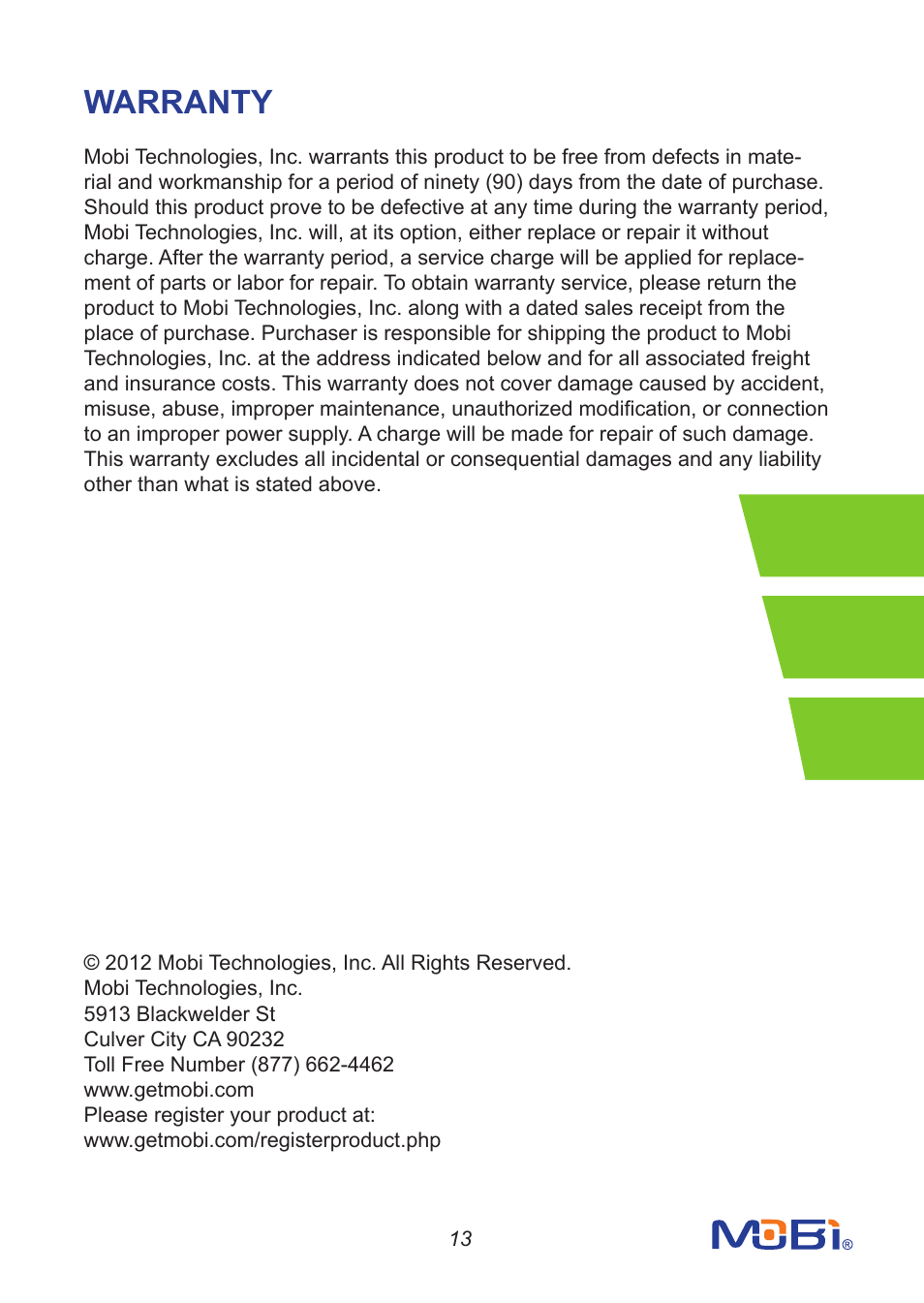 Warranty | Mobi Technologies 70294 Secure Start User Manual | Page 15 / 16