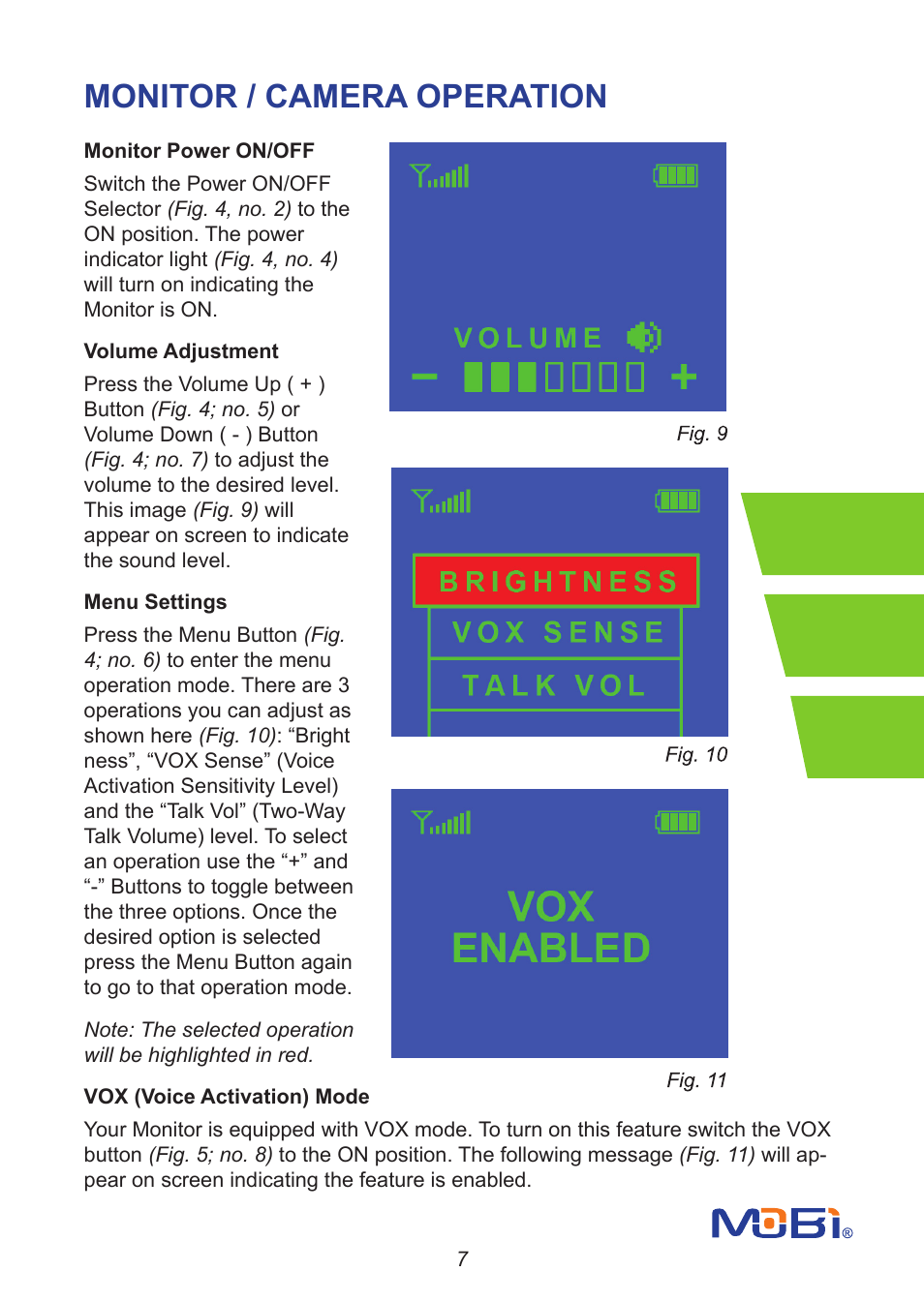 Monitor / camera operation | Mobi Technologies 70294 Secure Start User Manual | Page 9 / 16