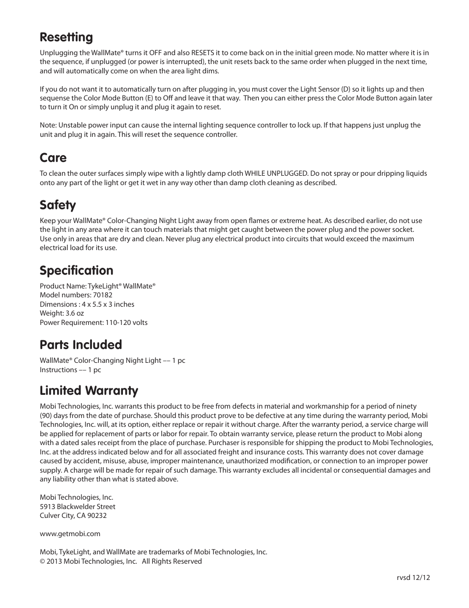 Wallmateinstructions_side2_rvsd4, Resetting, Care | Safety, Specification, Parts included, Limited warranty | Mobi Technologies 70280 WallMate User Manual | Page 2 / 2