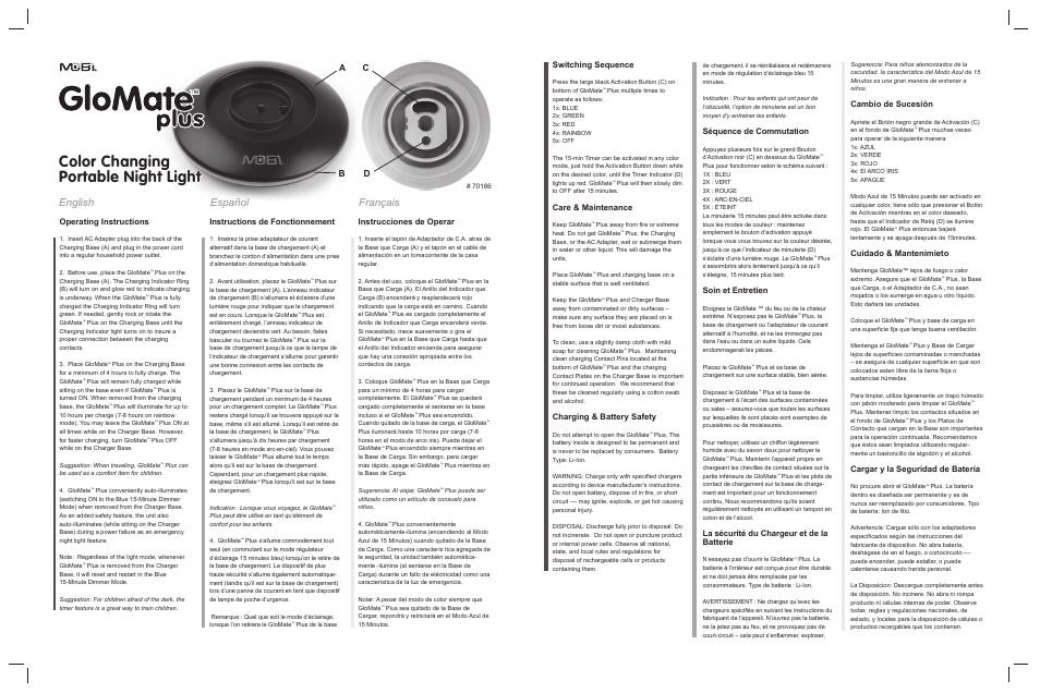 Français english español, Ab c d, Séquence de commutation | Soin et entretien, La sécurité du chargeur et de la batterie, Cambio de sucesión, Cuidado & mantenimieto, Cargar y la seguridad de batería, Switching sequence, Care & maintenance | Mobi Technologies 70186 GloMate-Plus User Manual | Page 2 / 2