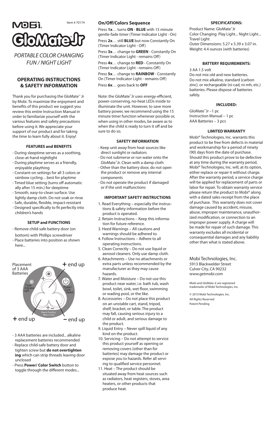 Mobi Technologies 70174 GloMate-Jr User Manual | 1 page