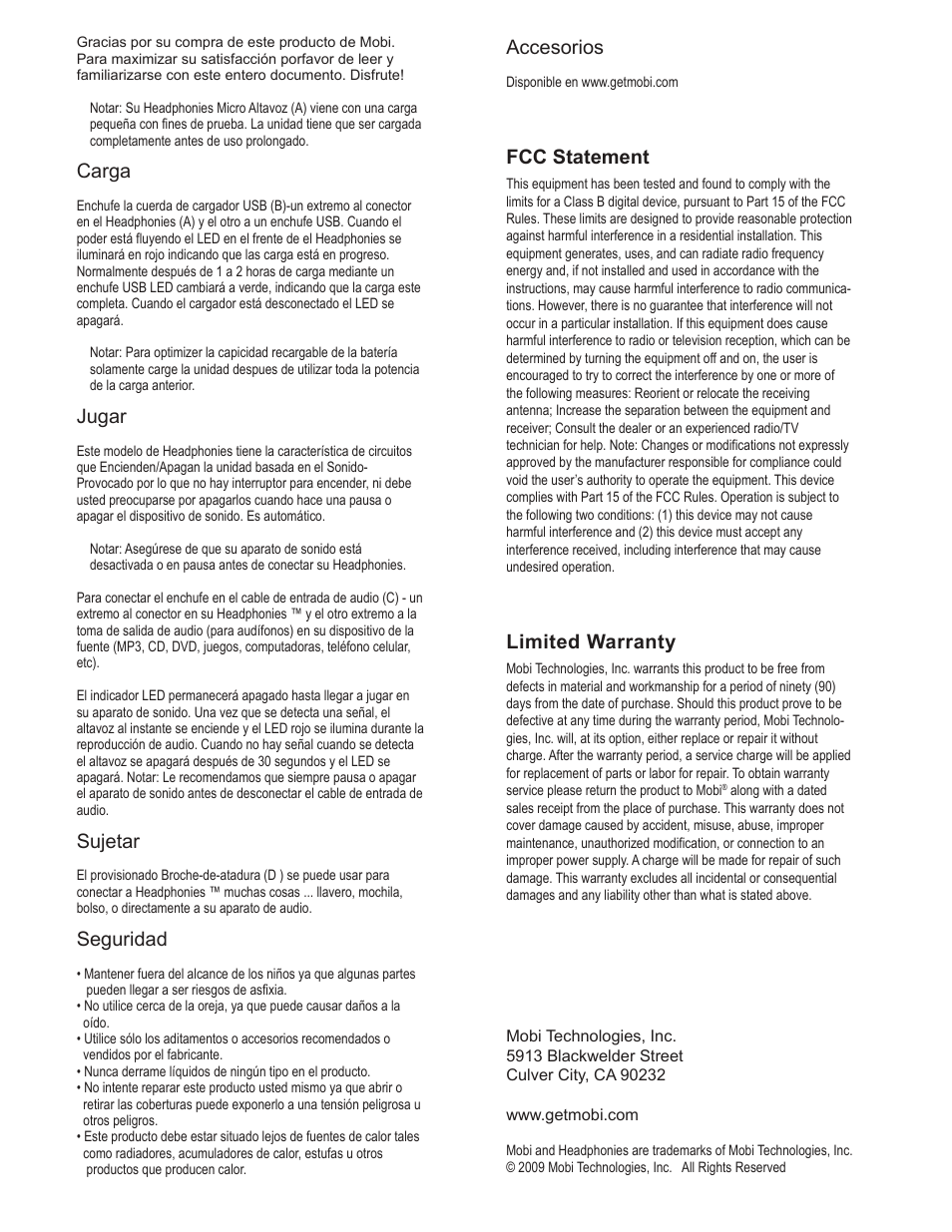 Headphonies_instr_2, Accesorios, Fcc statement | Limited warranty, Carga, Jugar, Sujetar, Seguridad | Mobi Technologies 70126-70222 Headphonies User Manual | Page 2 / 2