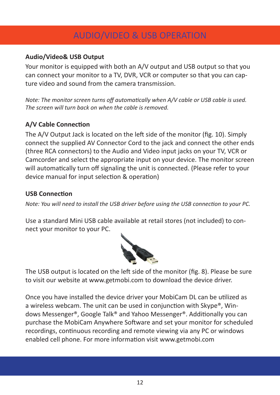 Audio/video & usb operation | Mobi Technologies 70055 MobiCam Digital DL User Manual | Page 14 / 20