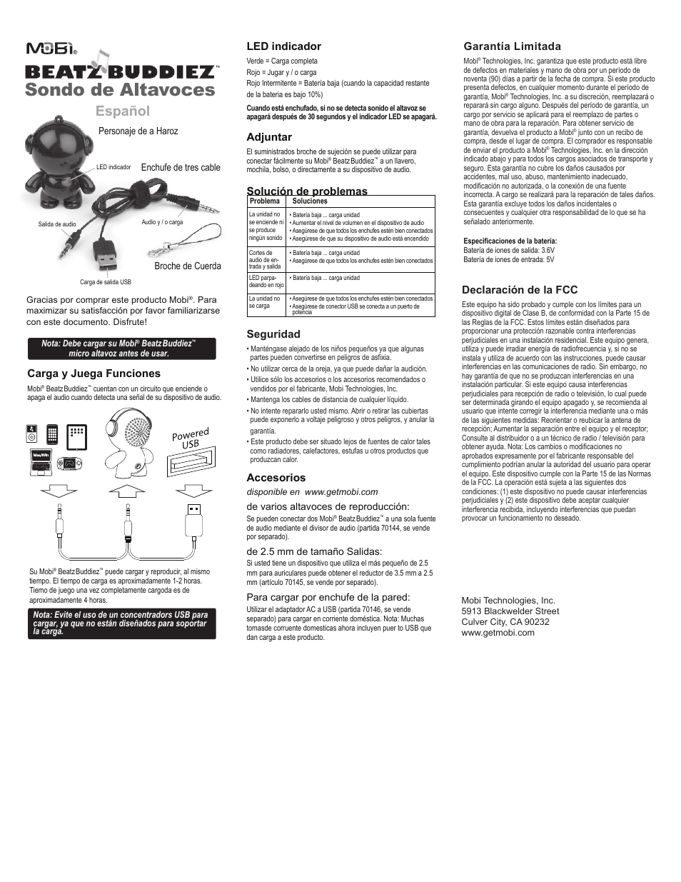 Beatzbuddiez_instructions_spanish, Sondo de altavoces, Español | Declaración de la fcc, Carga y juega funciones, Led indicador, Adjuntar, Solución de problemas seguridad, Accesorios, Garantía limitada | Mobi Technologies BeatzBuddiez User Manual | Page 2 / 2