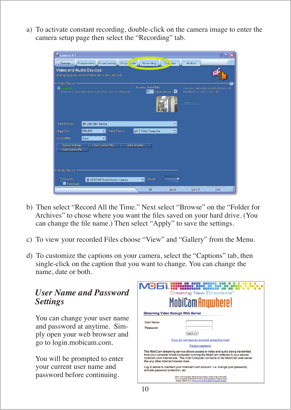User name and password settings | Mobi Technologies 70168 MobiCam Internet Kit User Manual | Page 12 / 16