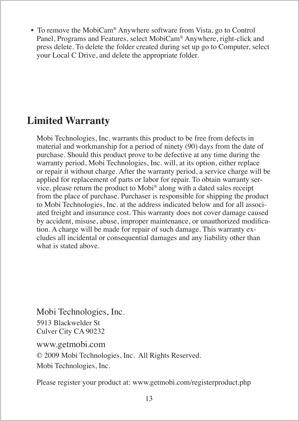 Limited warranty, Mobi technologies, inc | Mobi Technologies 70168 MobiCam Internet Kit User Manual | Page 15 / 16