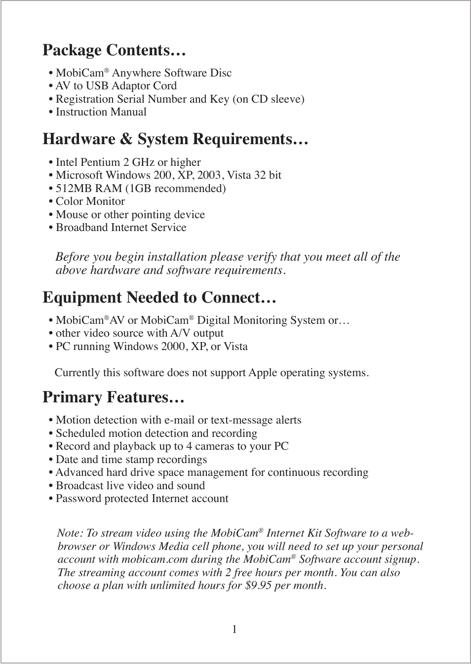 Package contents, Hardware & system requirements, Equipment needed to connect | Primary features | Mobi Technologies 70168 MobiCam Internet Kit User Manual | Page 3 / 16