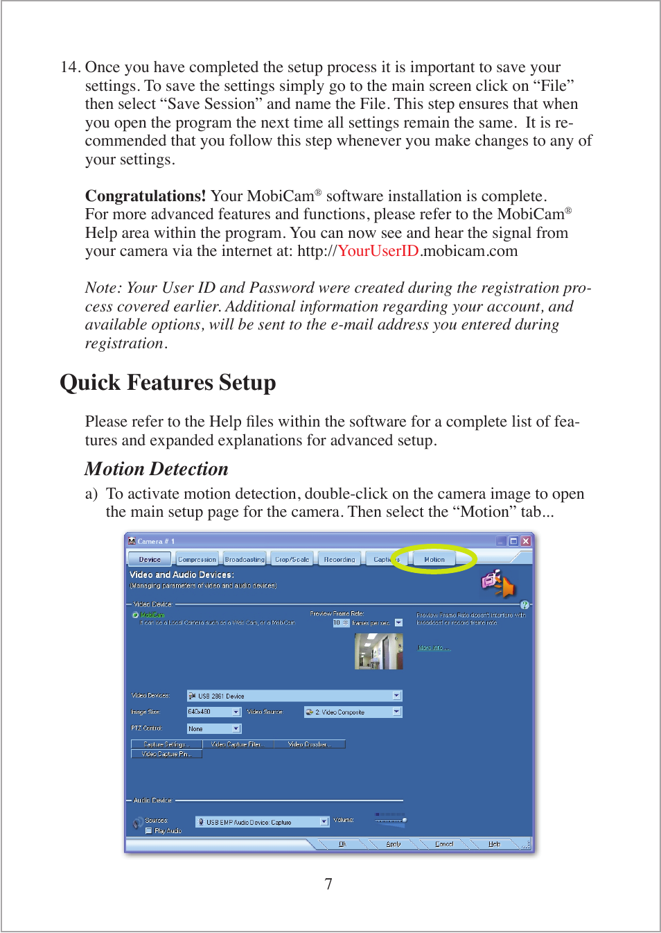 Quick features setup, Motion detection | Mobi Technologies 70168 MobiCam Internet Kit User Manual | Page 9 / 16