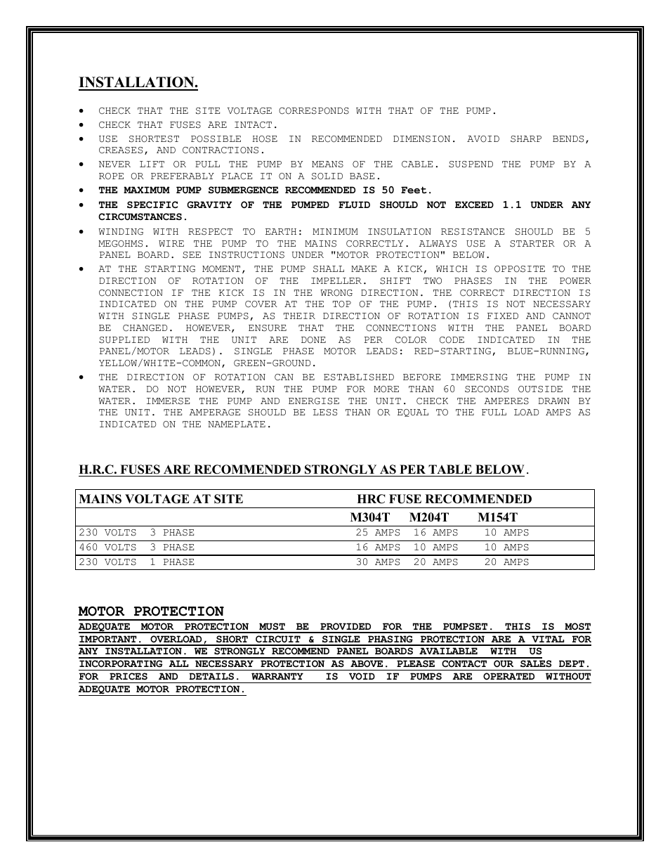 Installation, Motor protection | Mody Pumps M 304 T User Manual | Page 5 / 19