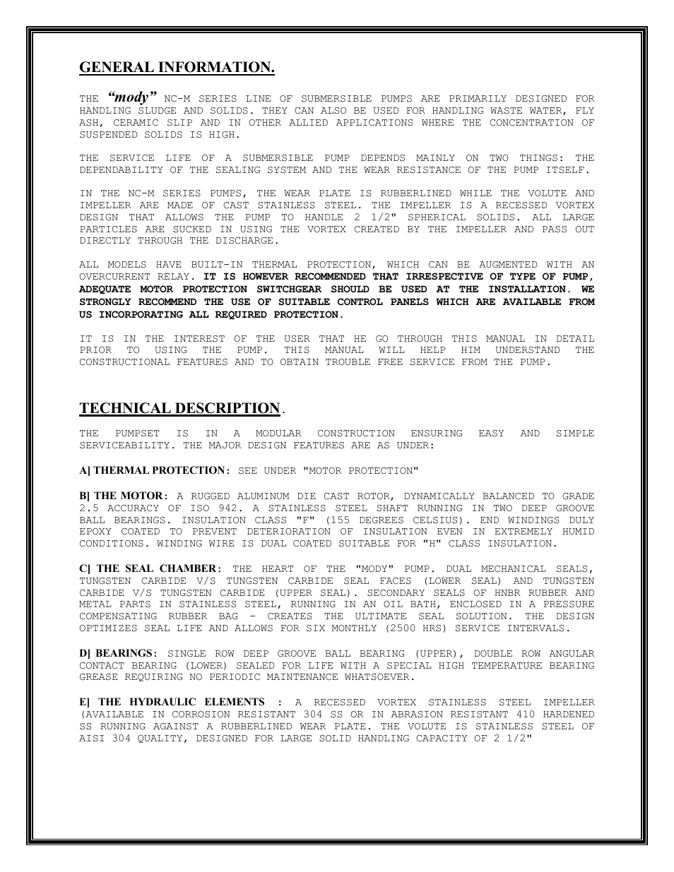 General information, Mody, Technical description | Mody Pumps NC 06360_08360_10360-M User Manual | Page 3 / 13