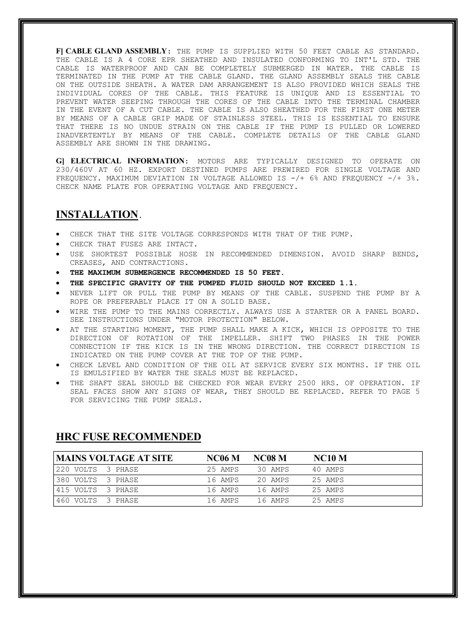 Installation, Hrc fuse recommended | Mody Pumps NC 06360_08360_10360-M User Manual | Page 4 / 13