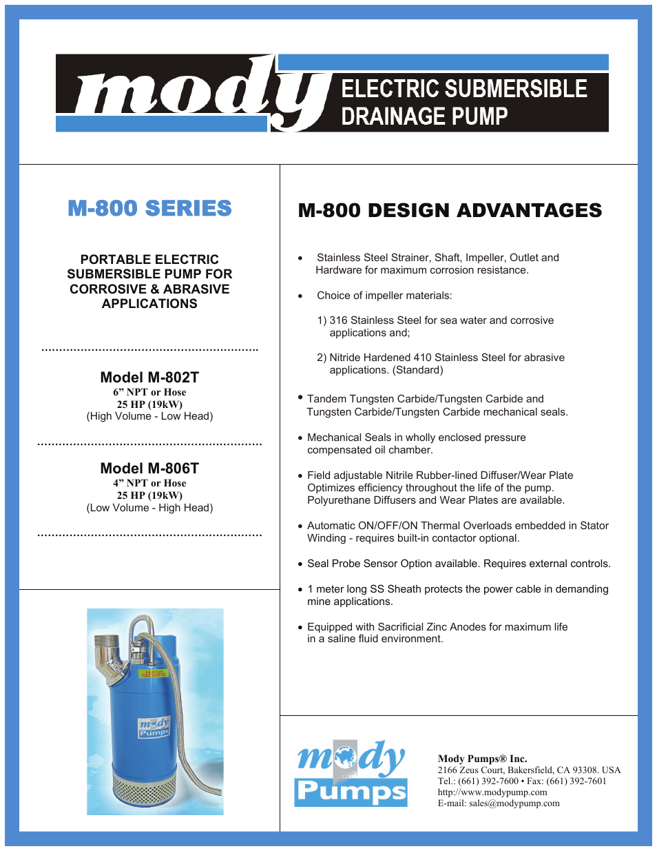 Mody Pumps M-800 SERIES User Manual | 2 pages