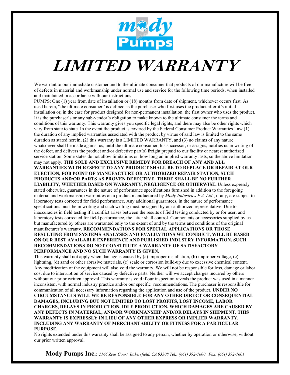 Limited warranty | Mody Pumps MSPG Series User Manual | Page 12 / 12