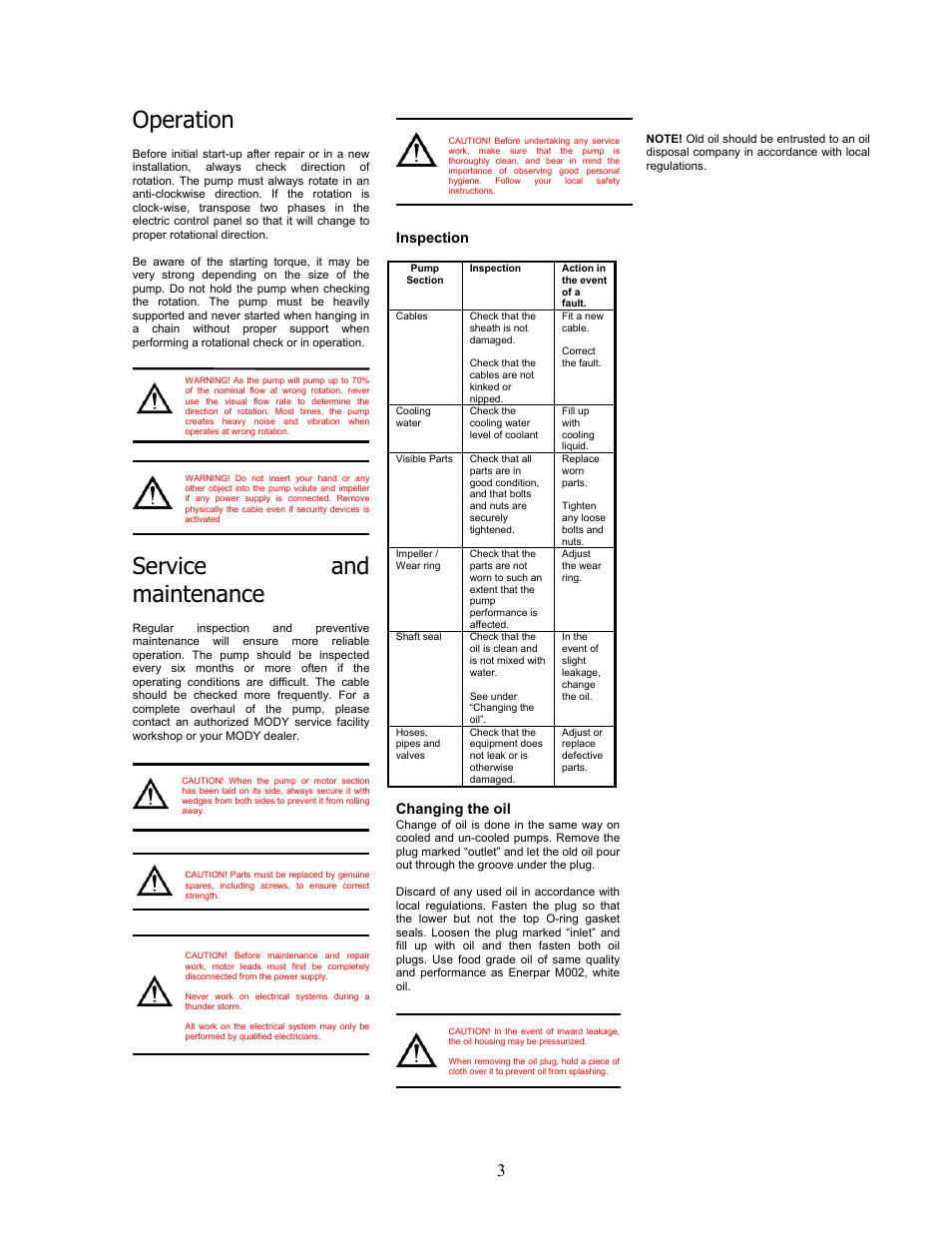 Operation, Service and maintenance, Inspection | Changing the oil | Mody Pumps MSPG Series User Manual | Page 5 / 12