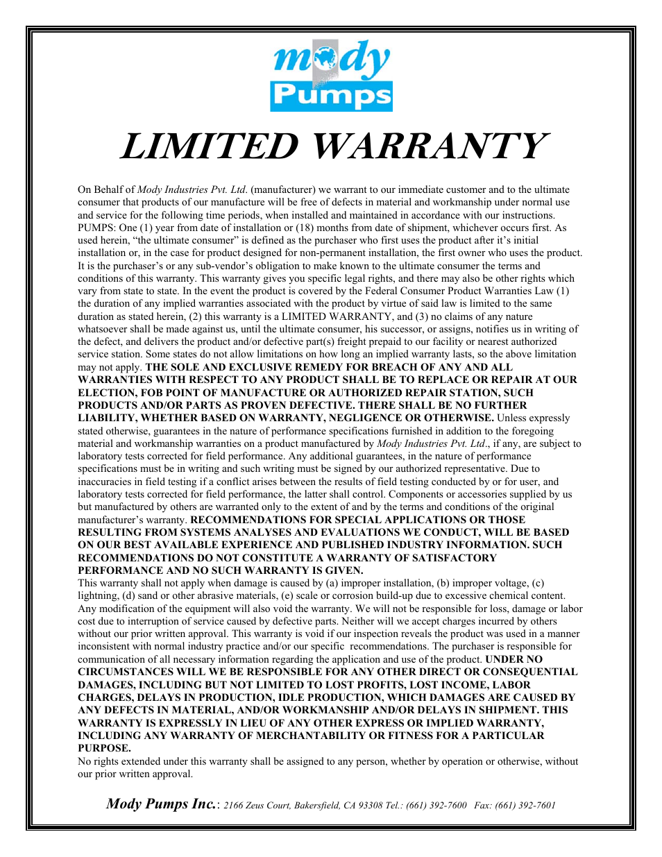 Limited warranty | Mody Pumps MS 6202 User Manual | Page 21 / 21