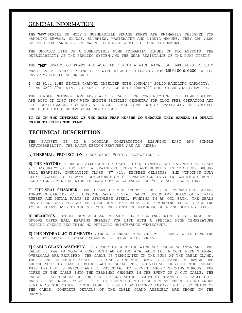 General information, Technical description | Mody Pumps MS 6202 User Manual | Page 3 / 21