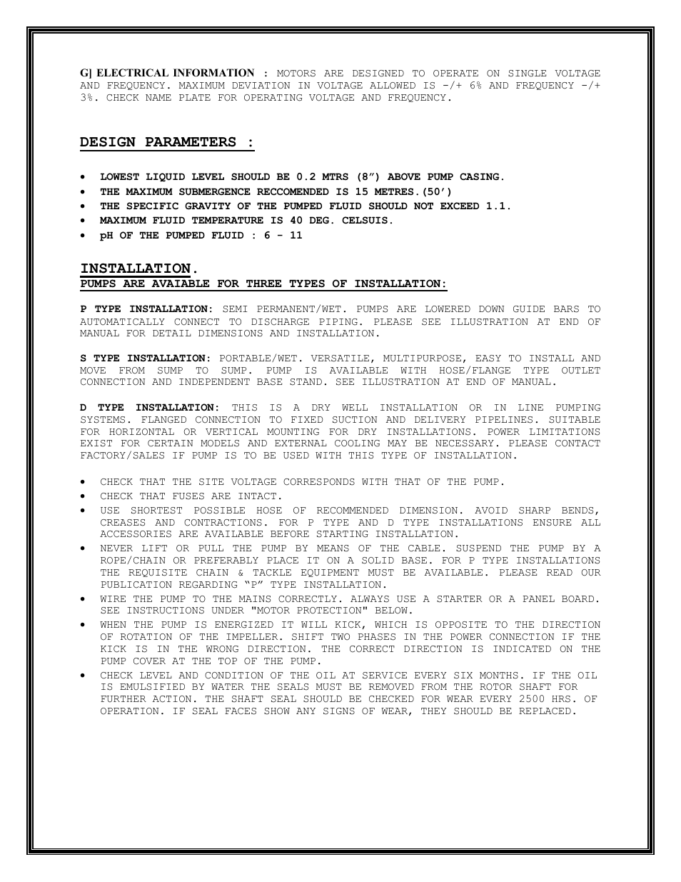 Design parameters, Installation | Mody Pumps MS 6202 User Manual | Page 4 / 21