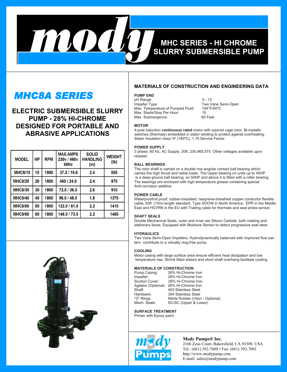 Mody Pumps MHC8A SERIES User Manual | 2 pages