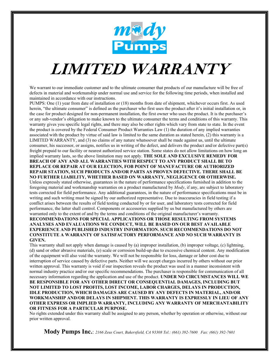 Limited warranty | Mody Pumps MHC6, 15HP_20HP User Manual | Page 18 / 18