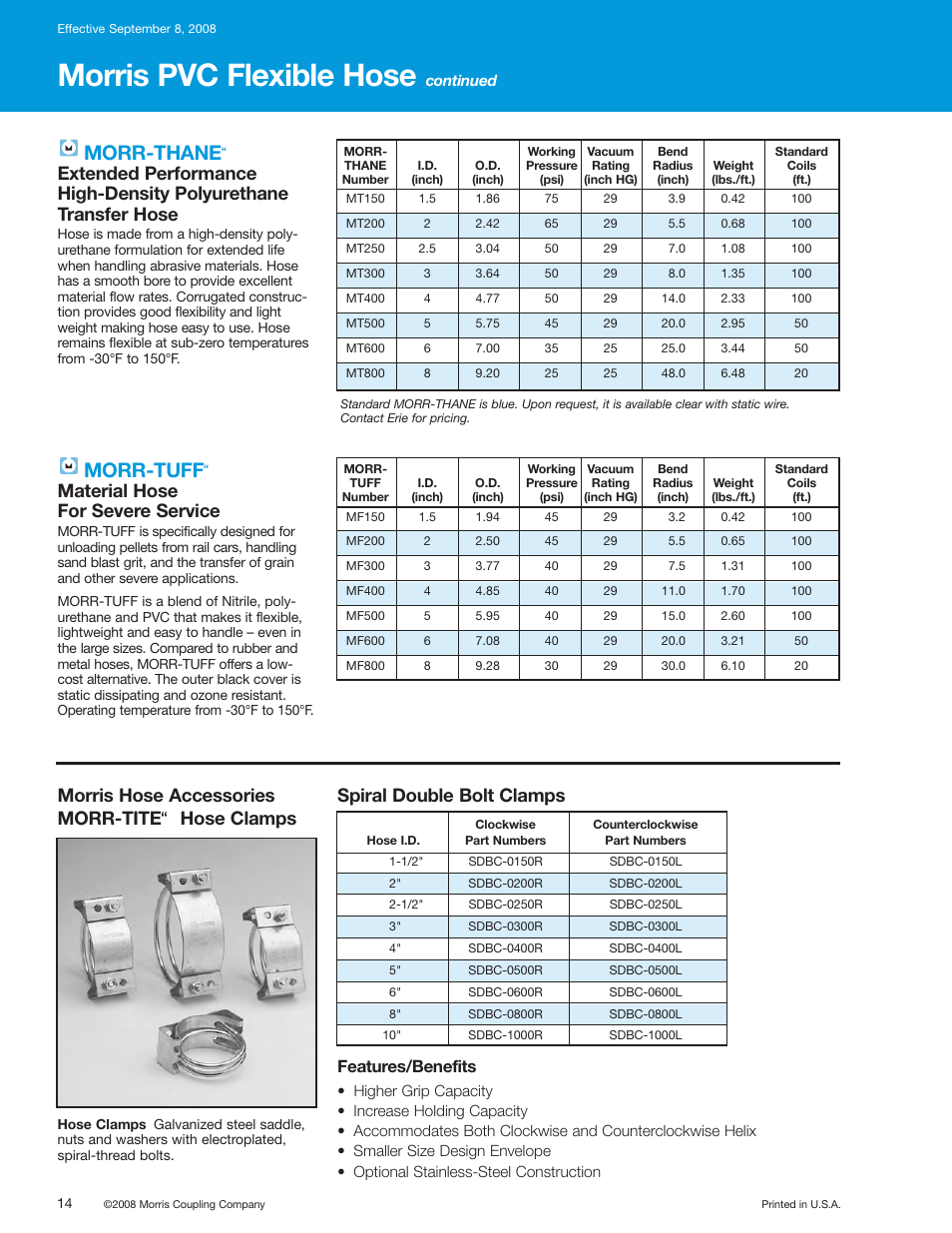 Morris pvc flexible hose, Morr-thane, Morr-tuff | Material hose for severe service, Spiral double bolt clamps, Morris hose accessories morr-tite, Hose clamps, Features/benefits | Morris PVC Flexible Hose User Manual | Page 2 / 2