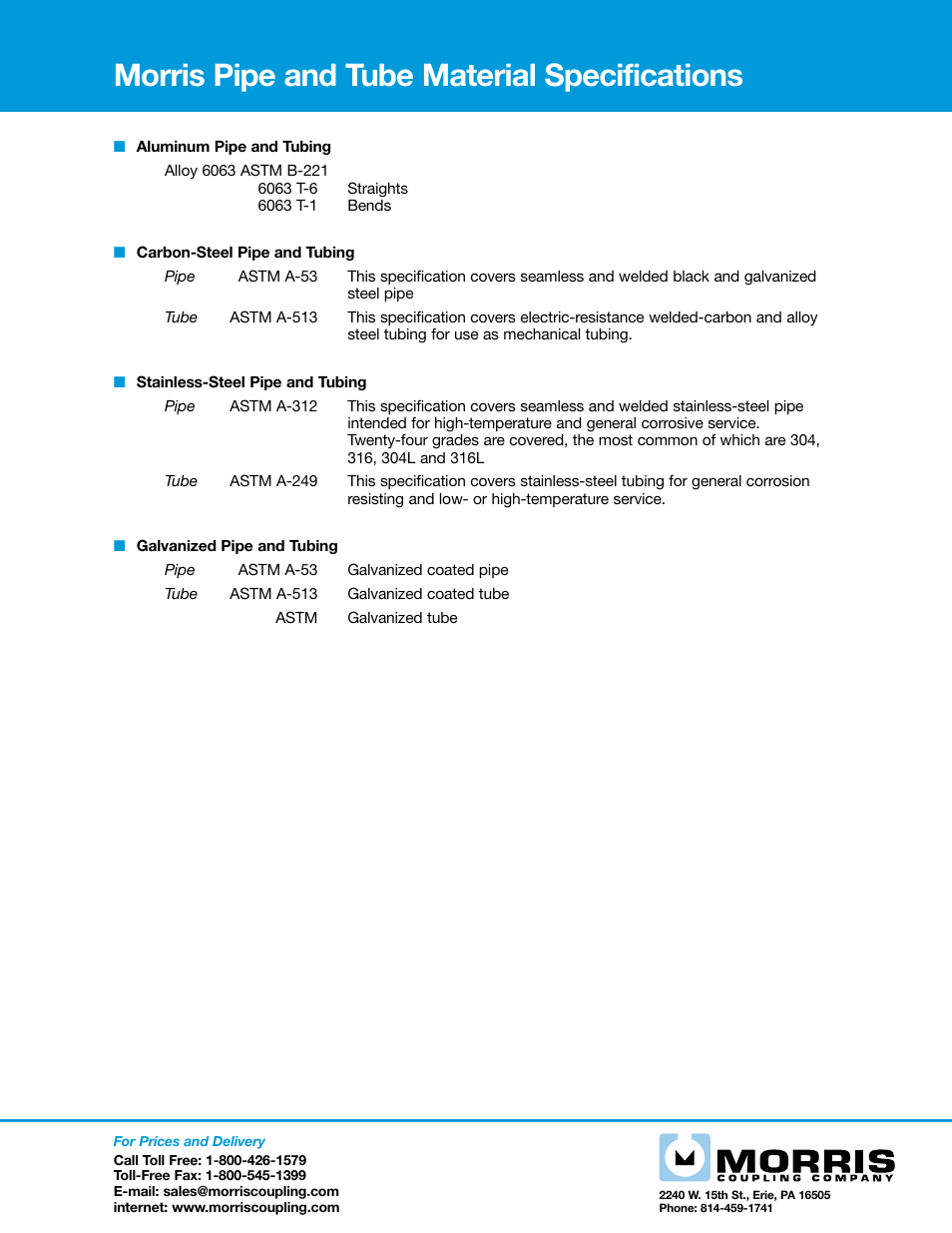 Morris pipe and tube material specifications | Morris Pipe and Tube Bends User Manual | Page 2 / 2