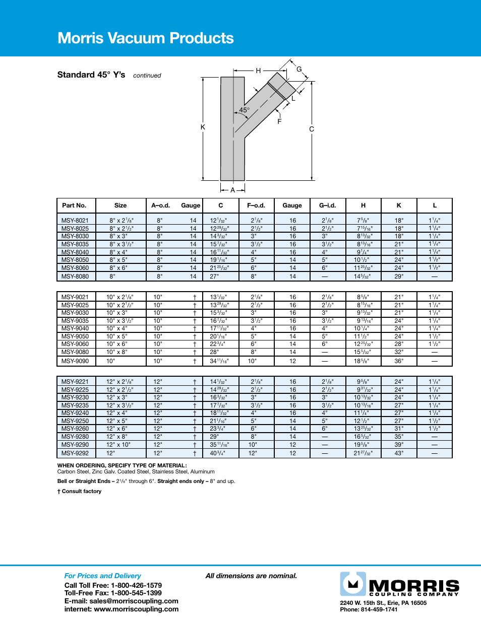 Morris vacuum products, Standard 45° y’s | Morris Vacuum Products - Standard 45 Y’s User Manual | Page 2 / 2