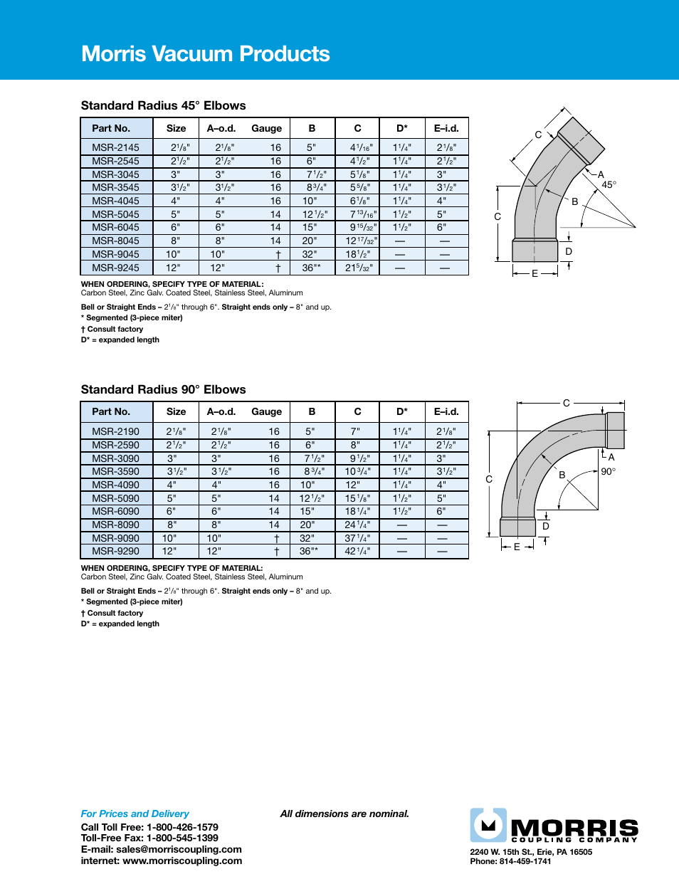 Morris Vacuum Products - Standard Radius 90 Elbows User Manual | 1 page