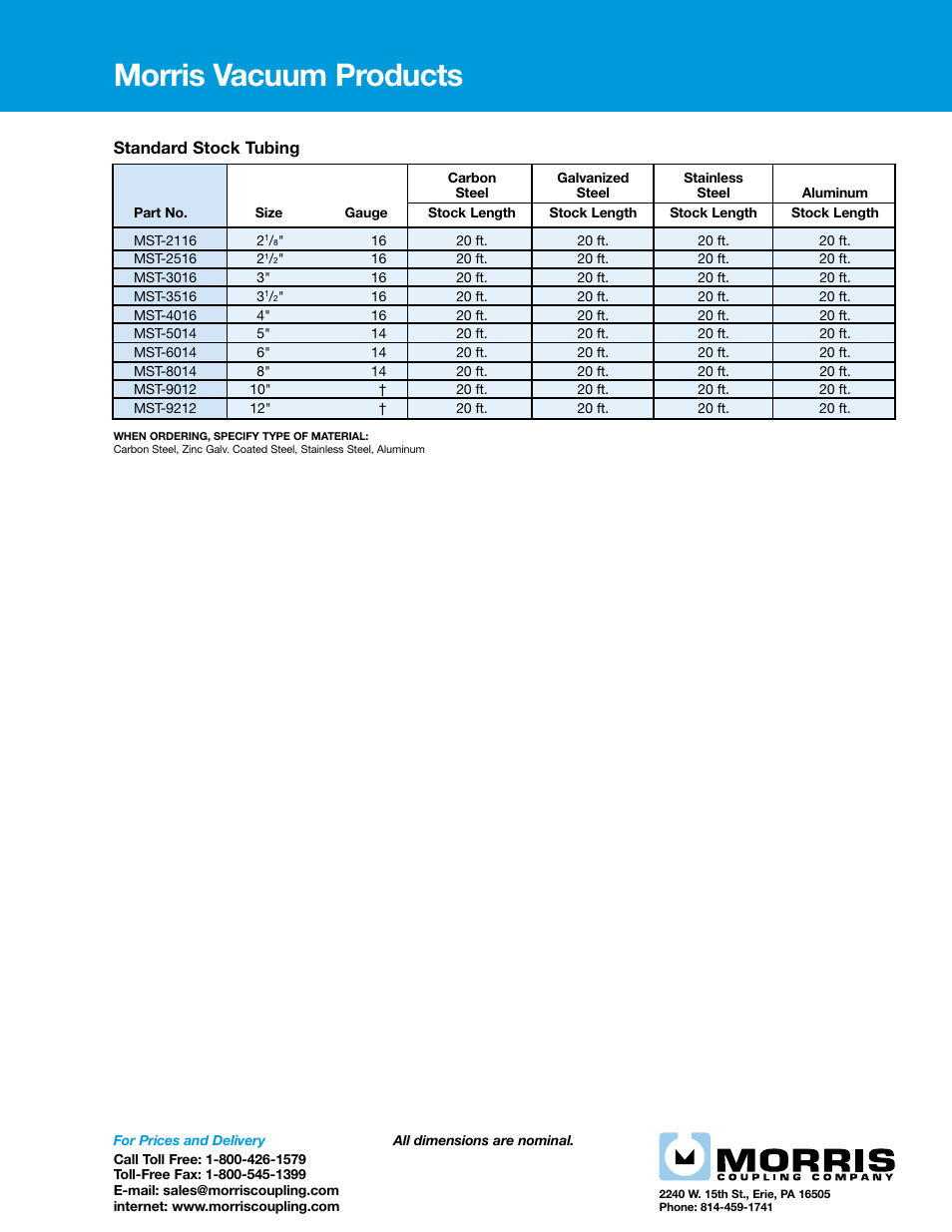 Morris Vacuum Products - Standard Stock Tubing User Manual | 1 page