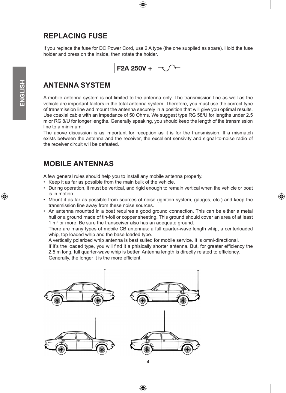 Replacing fuse, Antenna system, Mobile antennas | F2a 250v | MIDLAND Alan 100 Plus B User Manual | Page 10 / 68