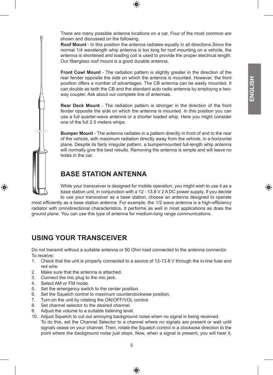 Base station antenna, Using your transceiver, English | MIDLAND Alan 100 Plus B User Manual | Page 11 / 68