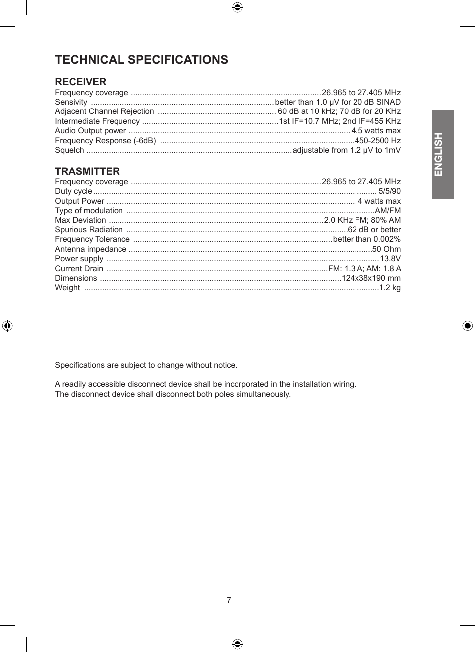 Technical specifications | MIDLAND Alan 100 Plus B User Manual | Page 13 / 68