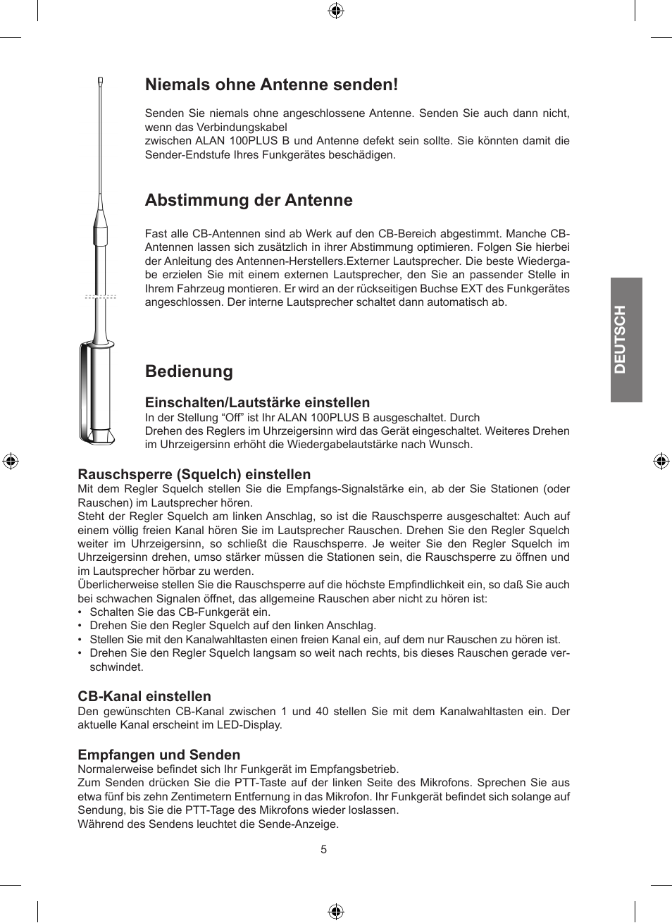 Niemals ohne antenne senden, Abstimmung der antenne, Bedienung | MIDLAND Alan 100 Plus B User Manual | Page 19 / 68