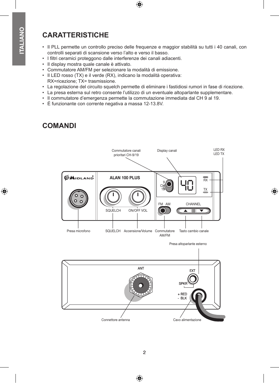 Caratteristiche, Comandi, It aliano | MIDLAND Alan 100 Plus B User Manual | Page 2 / 68