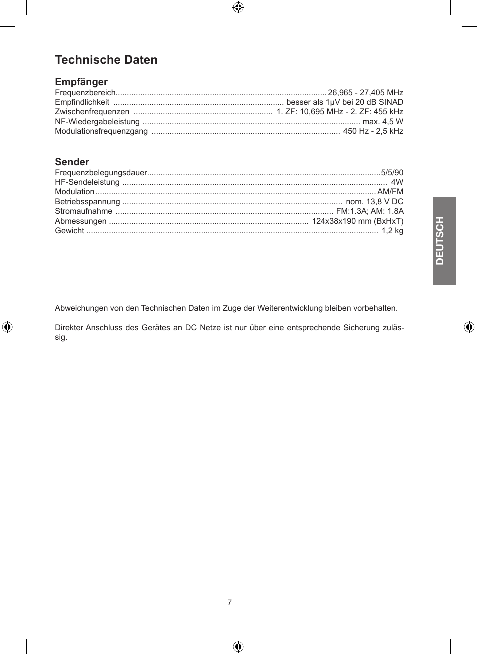Technische daten | MIDLAND Alan 100 Plus B User Manual | Page 21 / 68