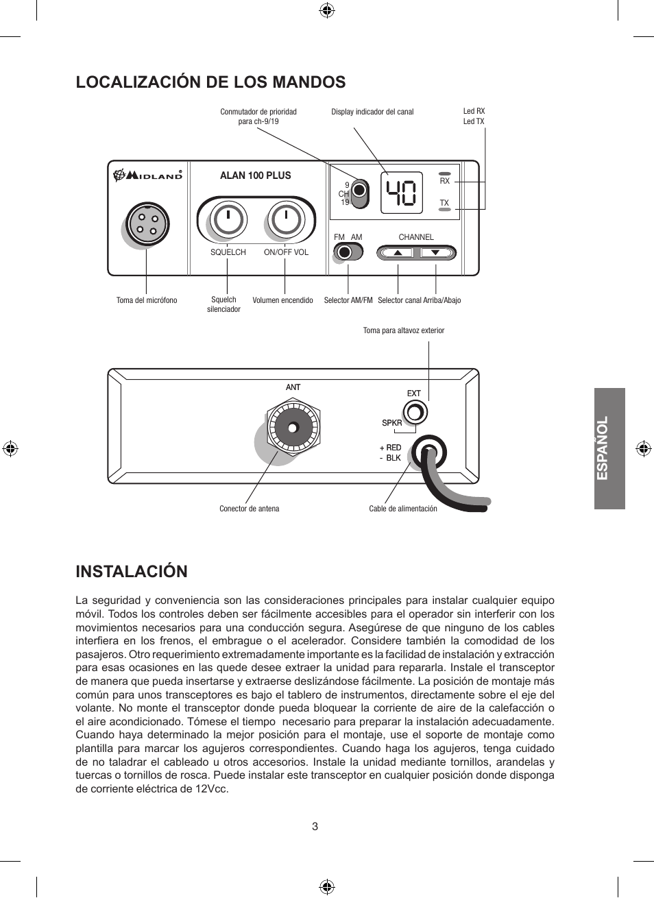 Localización de los mandos, Instalación, Esp añol | MIDLAND Alan 100 Plus B User Manual | Page 25 / 68