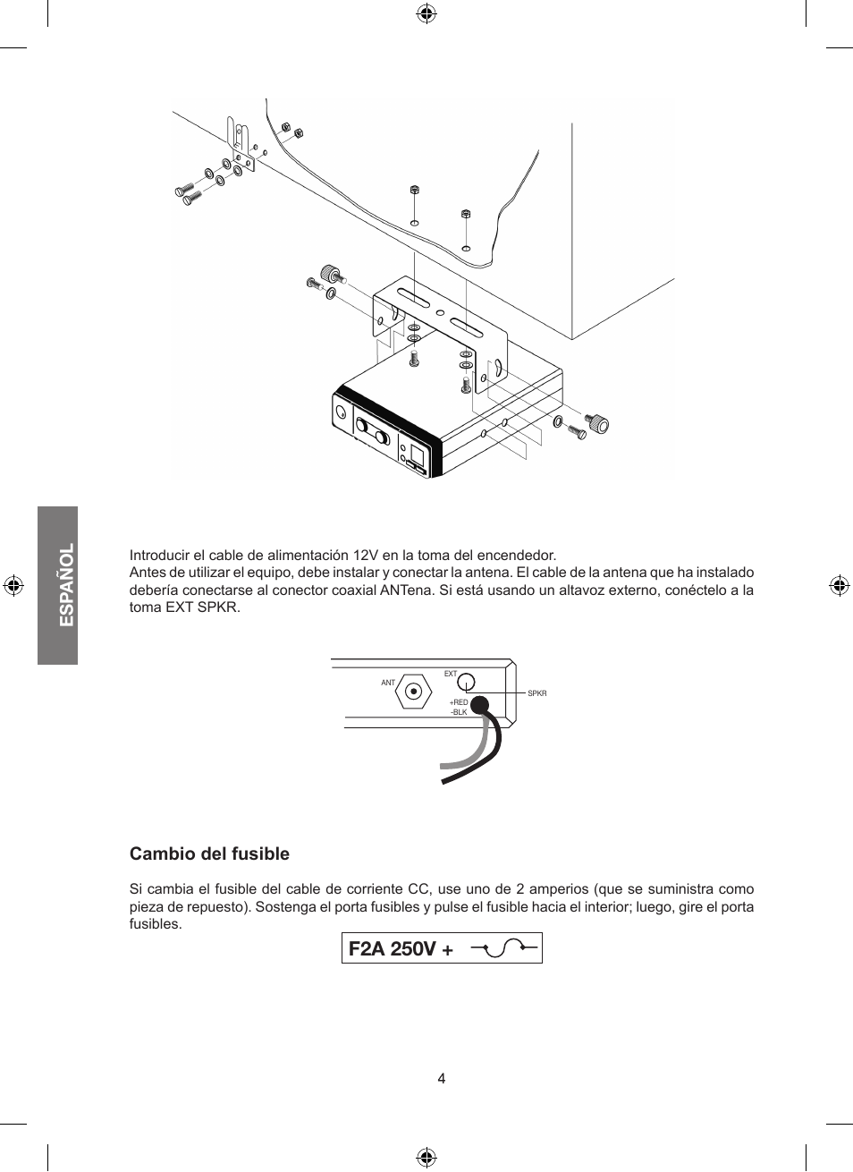 F2a 250v, Esp añol, Cambio del fusible | MIDLAND Alan 100 Plus B User Manual | Page 26 / 68