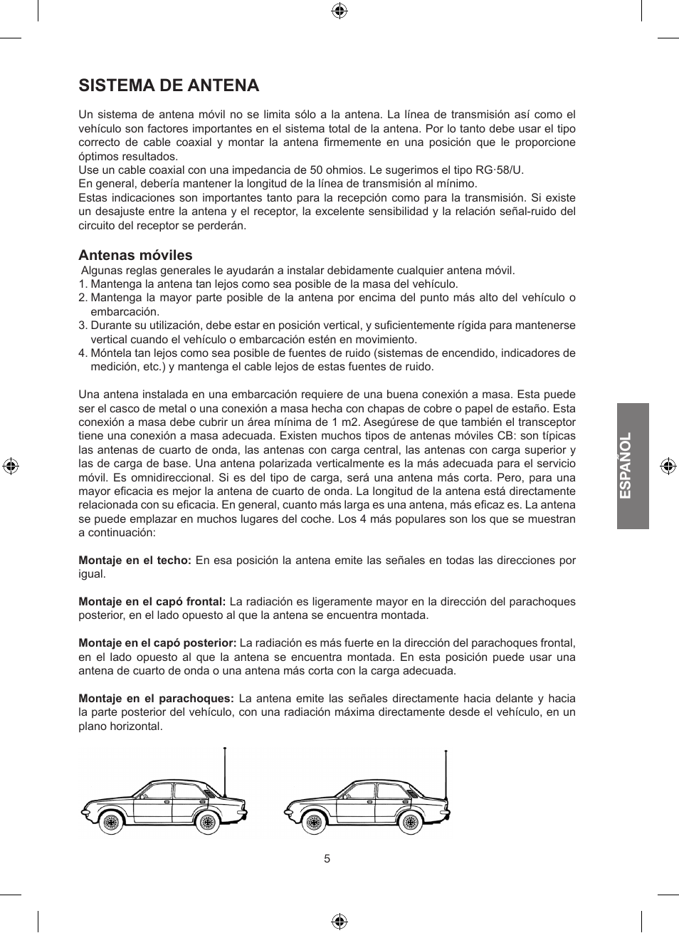 Sistema de antena, Esp añol, Antenas móviles | MIDLAND Alan 100 Plus B User Manual | Page 27 / 68
