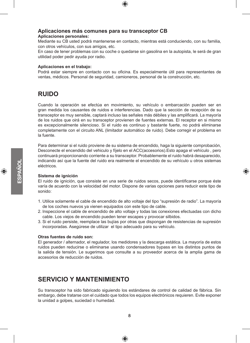 Ruido, Servicio y mantenimiento | MIDLAND Alan 100 Plus B User Manual | Page 30 / 68