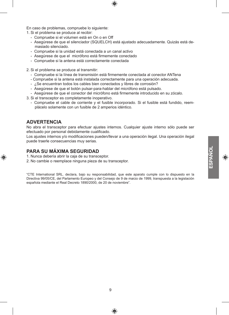 Esp añol, Advertencia, Para su máxima seguridad | MIDLAND Alan 100 Plus B User Manual | Page 31 / 68