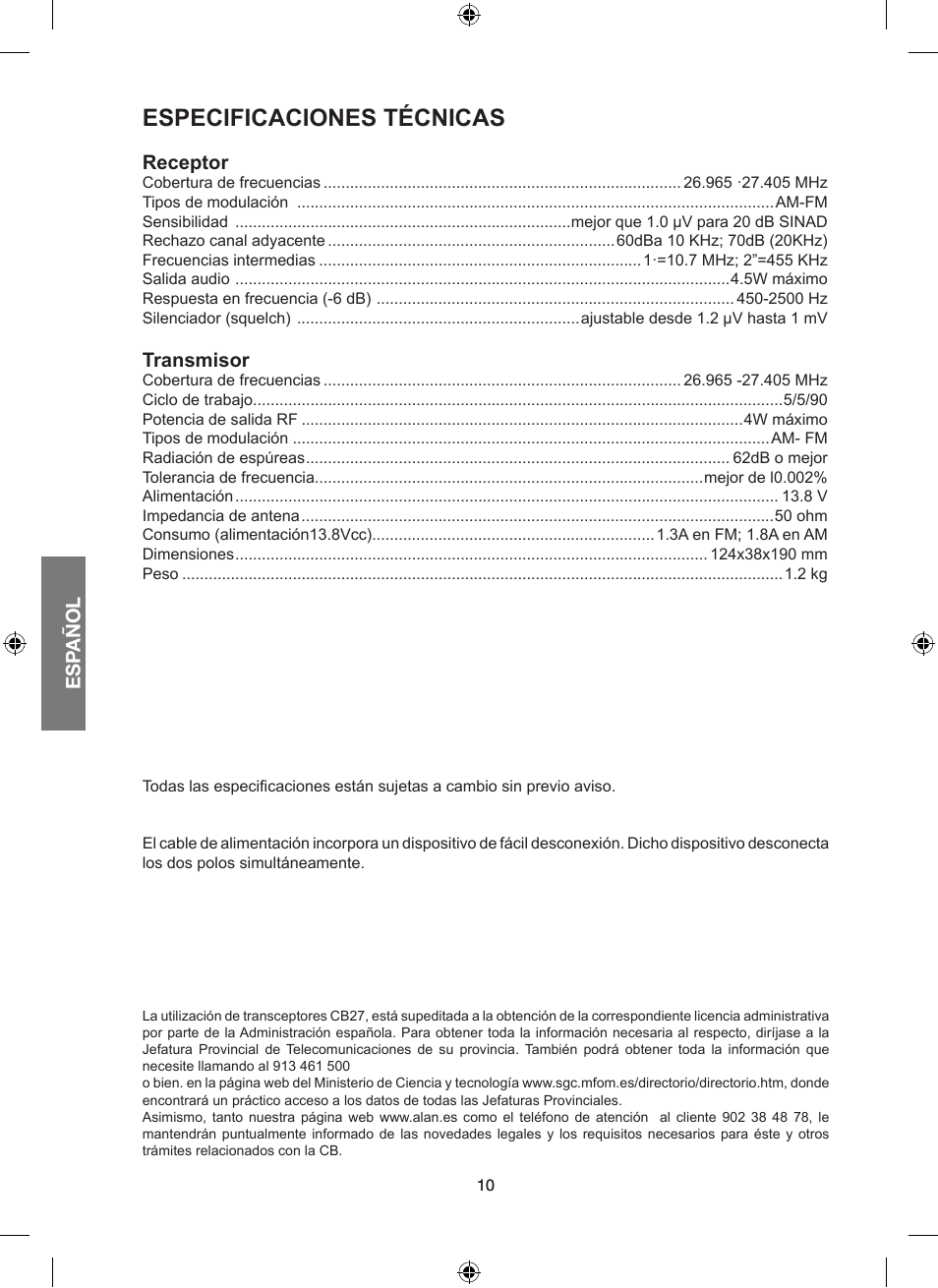 Especificaciones técnicas, Esp añol, Receptor | Transmisor | MIDLAND Alan 100 Plus B User Manual | Page 32 / 68