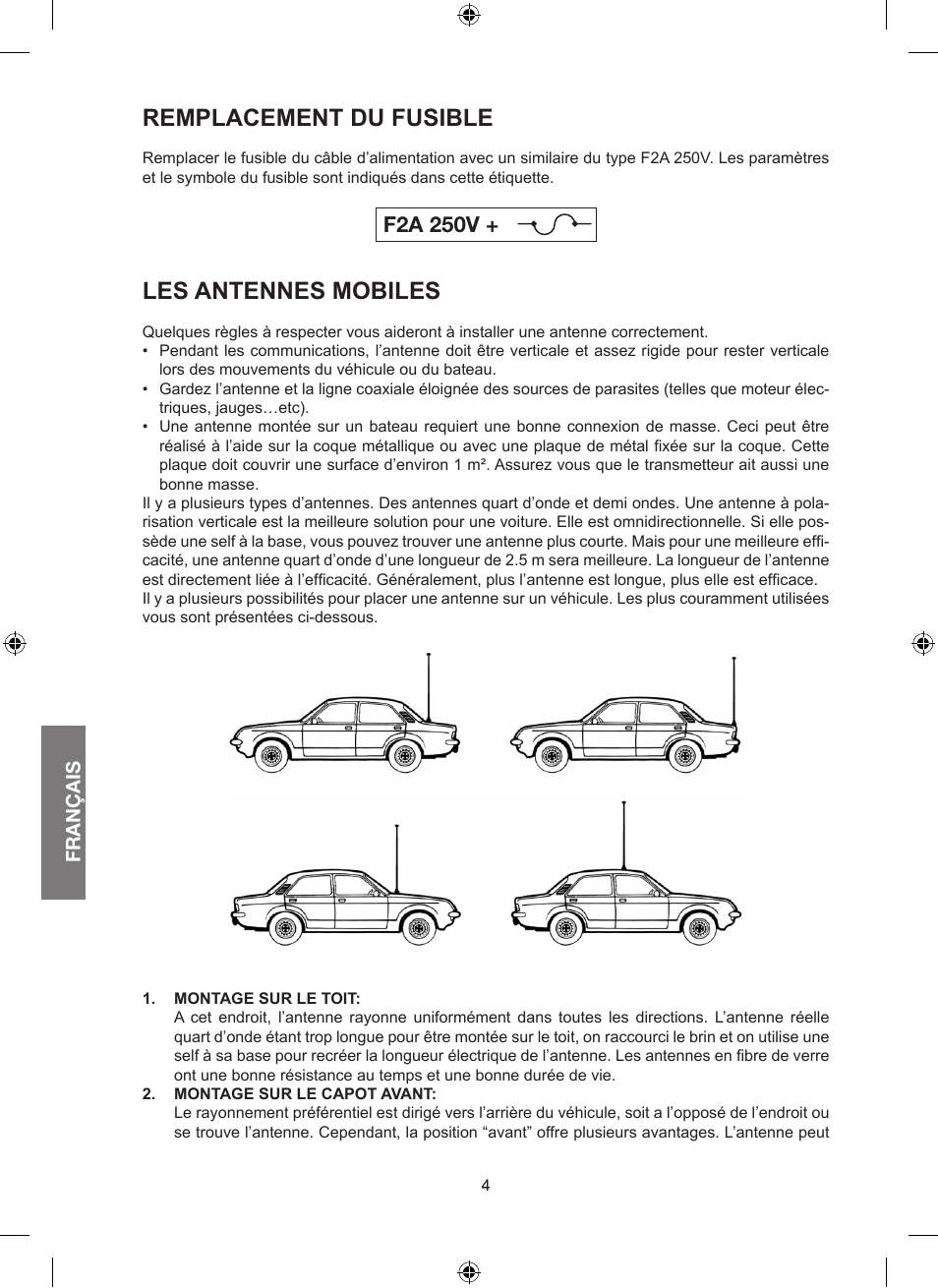 Remplacement du fusible, Les antennes mobiles, F2a 250v | MIDLAND Alan 100 Plus B User Manual | Page 36 / 68
