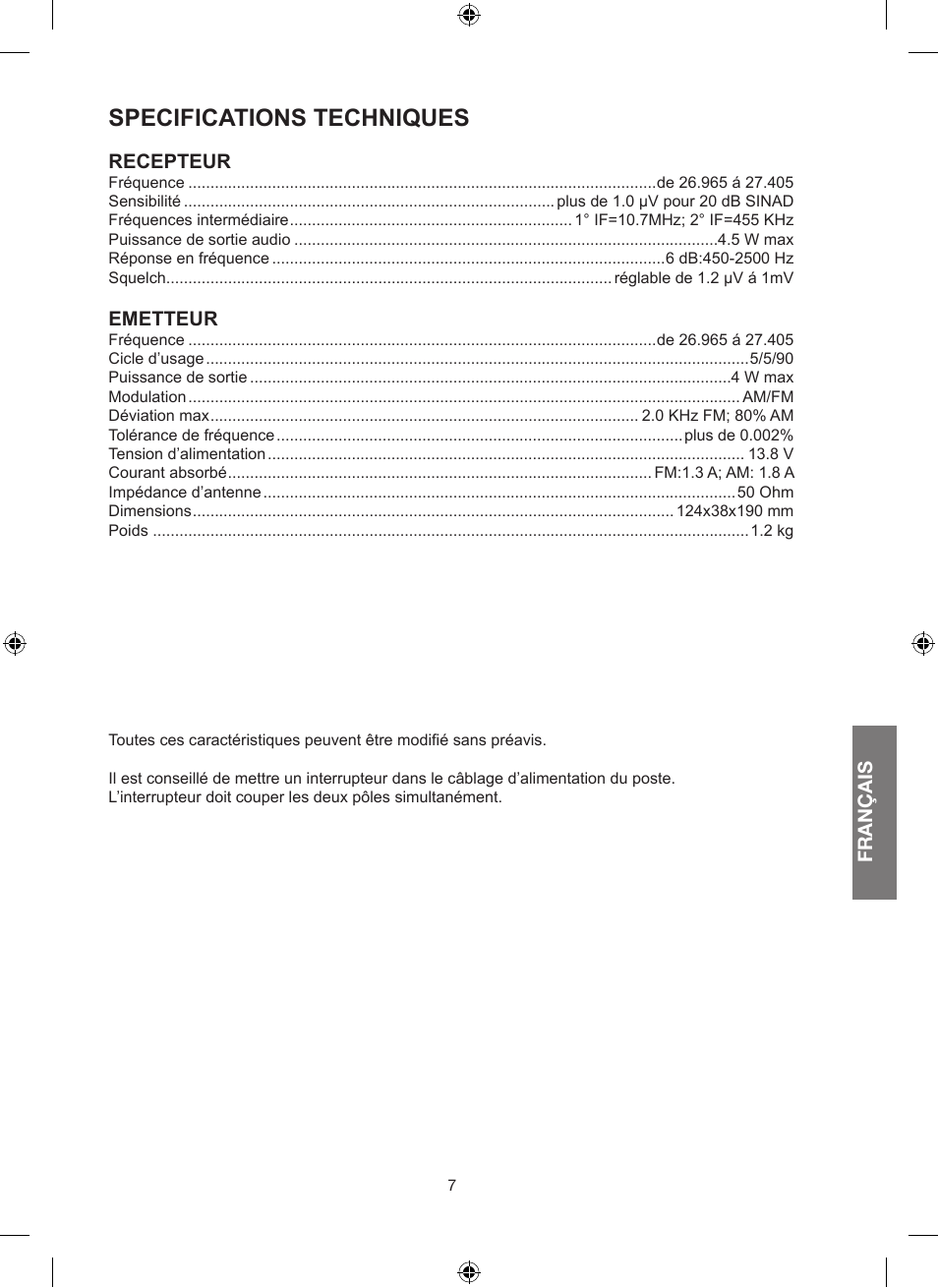 Specifications techniques | MIDLAND Alan 100 Plus B User Manual | Page 39 / 68