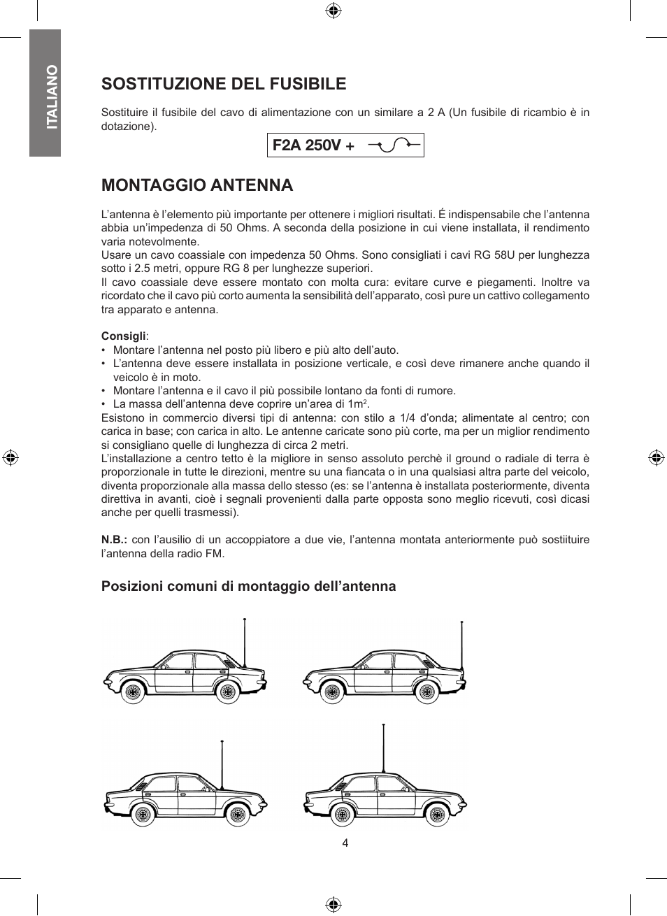 Sostituzione del fusibile, Montaggio antenna, F2a 250v | MIDLAND Alan 100 Plus B User Manual | Page 4 / 68