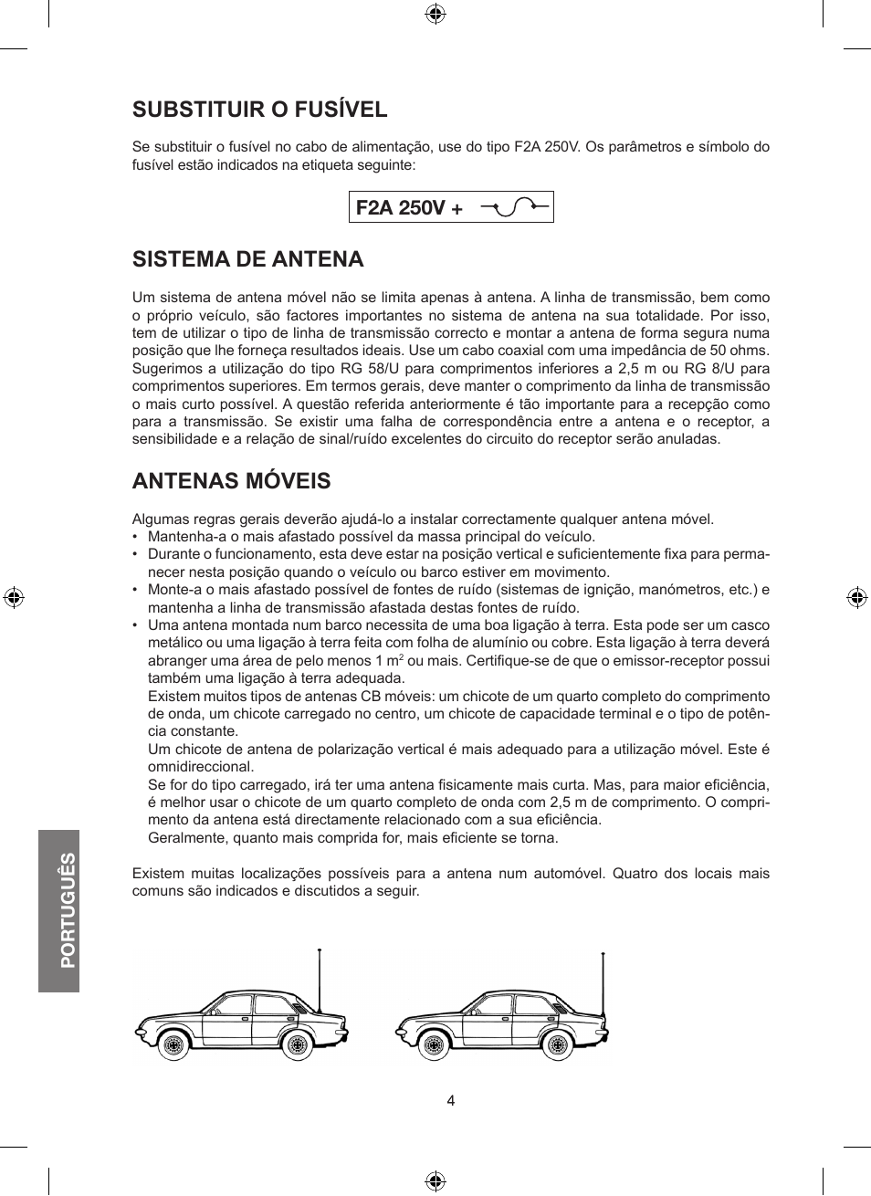 Substituir o fusível, Sistema de antena, Antenas móveis | F2a 250v | MIDLAND Alan 100 Plus B User Manual | Page 44 / 68